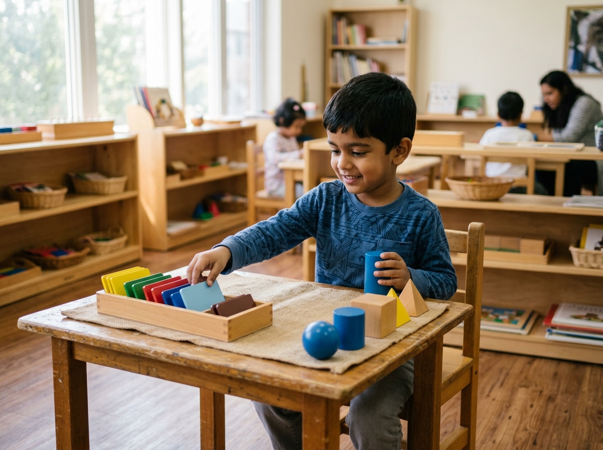 5-year-old Indian boy arranging color tablets and geometric solids at wooden desk