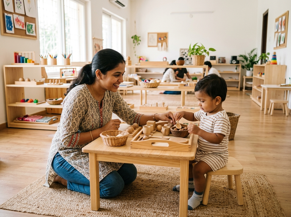 Mother and toddler exploring Montessori sensory blocks at Clay Montessori