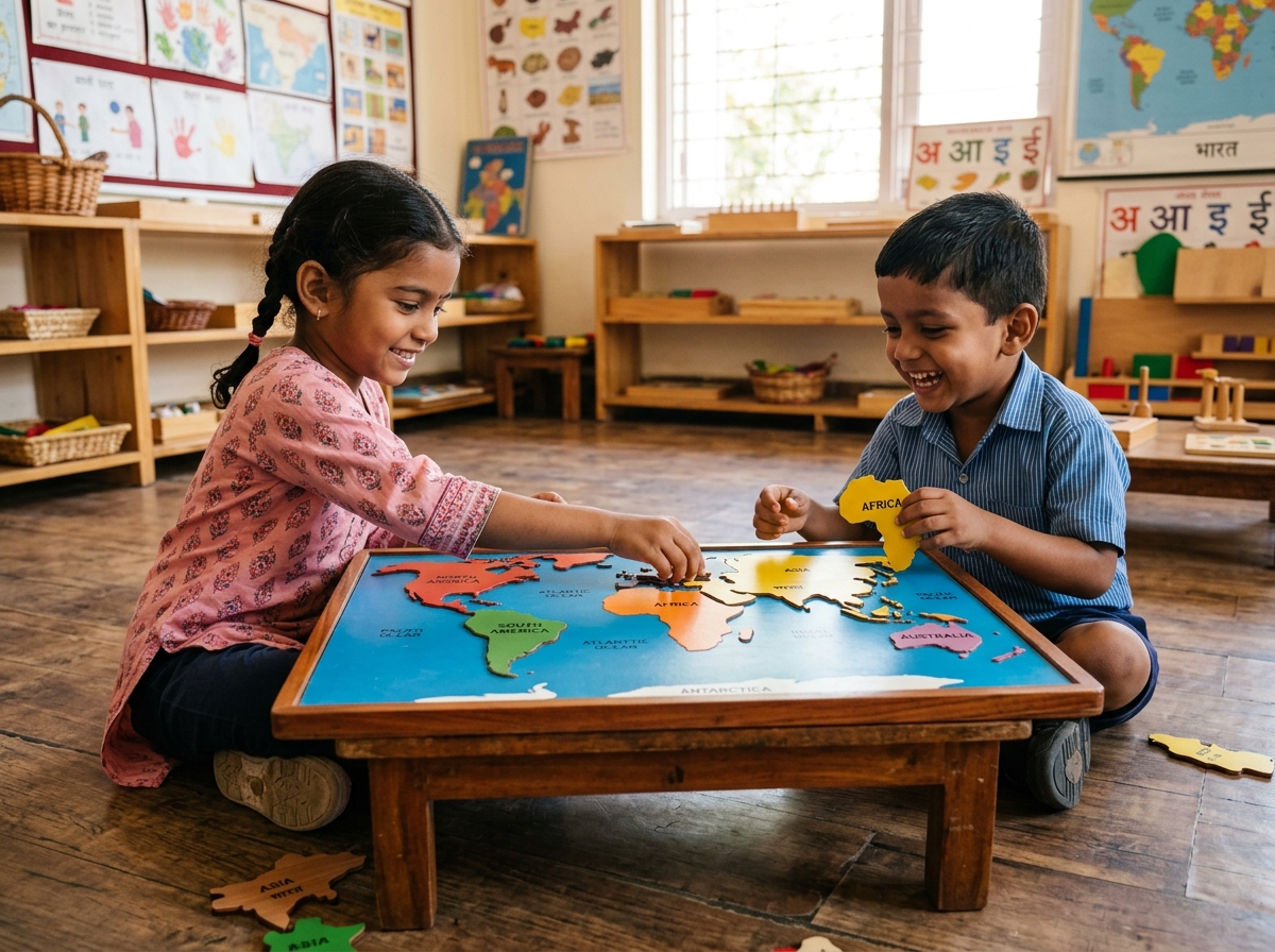 Two Indian children placing continent pieces on wooden world map puzzle tray