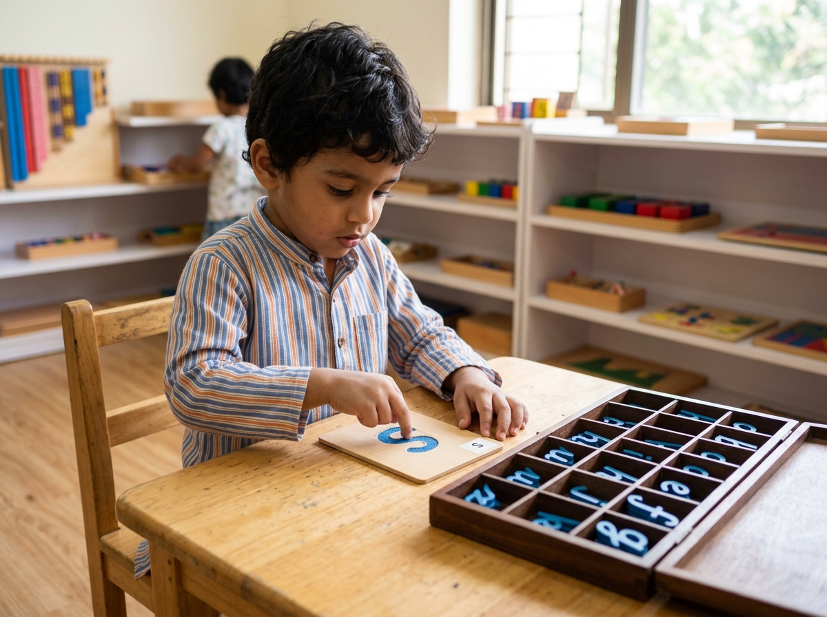 4-year-old Indian boy tracing sandpaper letters beside moveable alphabet tray
