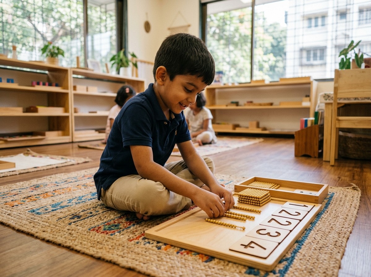 5-year-old Indian boy working with golden beads and number cards on floor mat