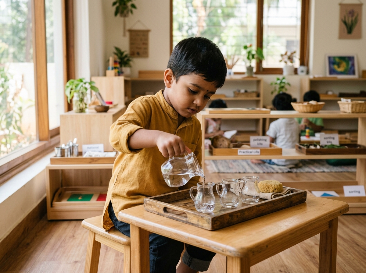 4-year-old Indian child engaged in practical life water pouring exercise at low wooden desk