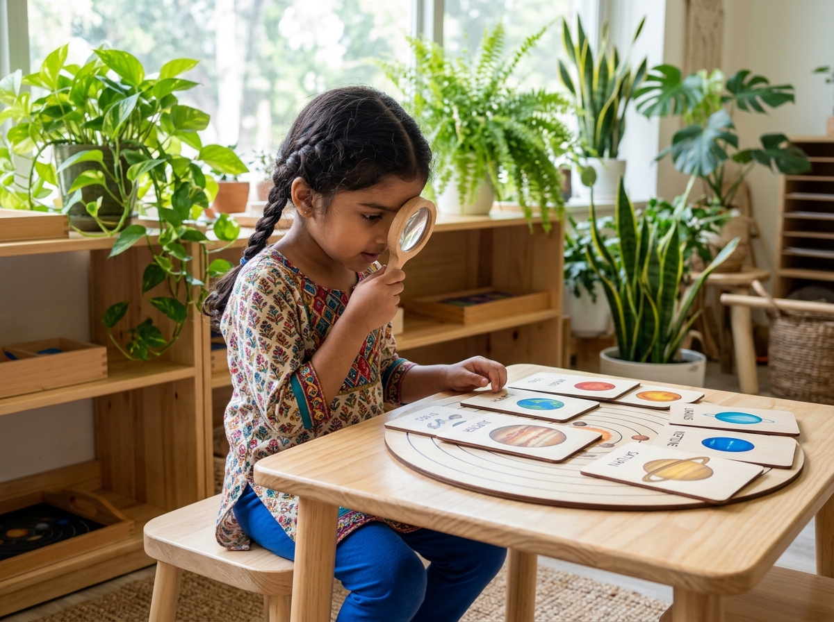 4-year-old Indian girl exploring botany puzzle and solar system cards with magnifying glass