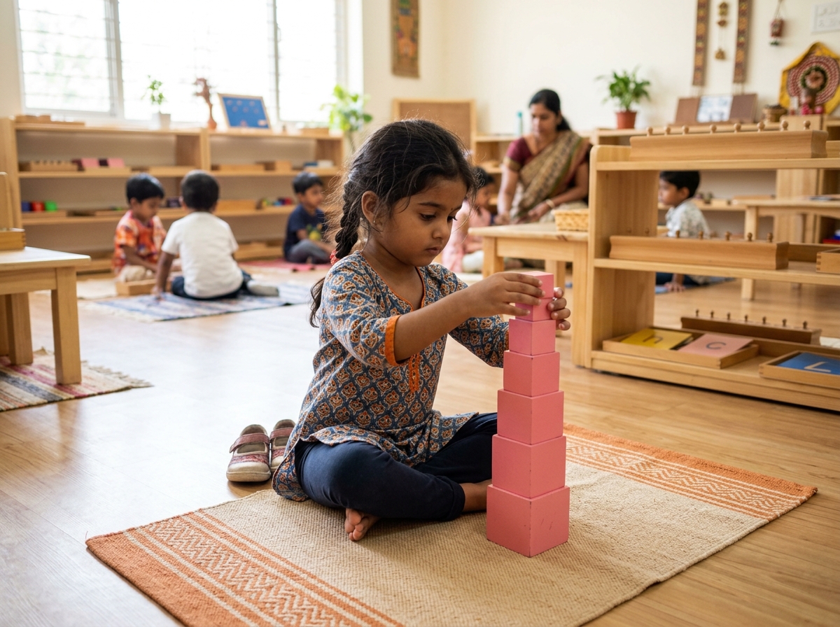 4-year-old Indian girl building the pink tower in bright Montessori classroom