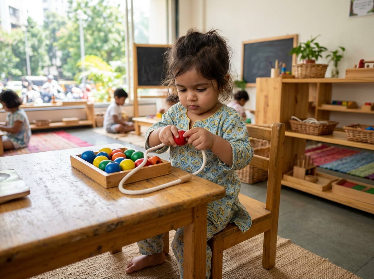15-month-old Indian toddler girl stringing large wooden beads on a cord