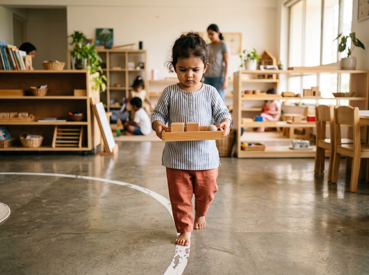 18-month-old Indian toddler balancing wooden tray while walking on painted line in Montessori environment