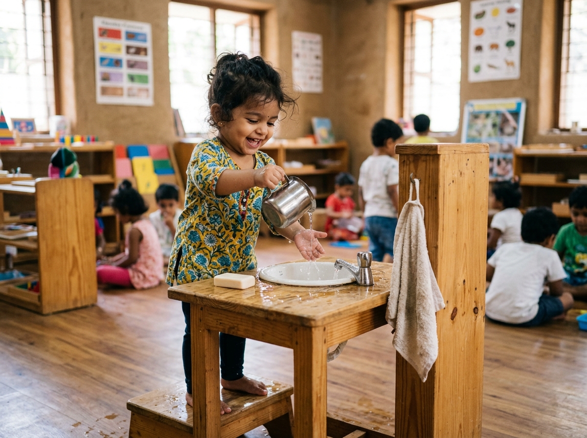 18-month-old Indian toddler girl washing hands independently at child-scaled sink