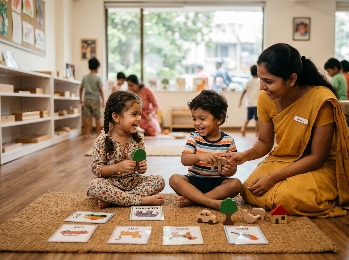 Two 2-year-old Indian toddlers matching picture cards and wooden objects with Montessori guide