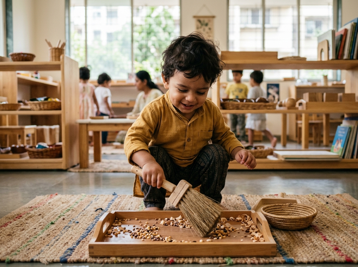 18-month-old Indian toddler boy sweeping tray area with child-sized natural broom