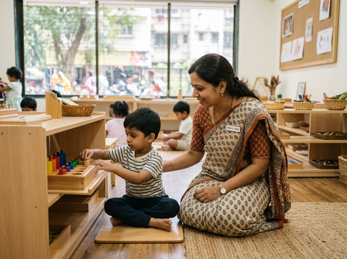Certified Indian Montessori guide presenting a wooden sensory lesson to a child in Mumbai