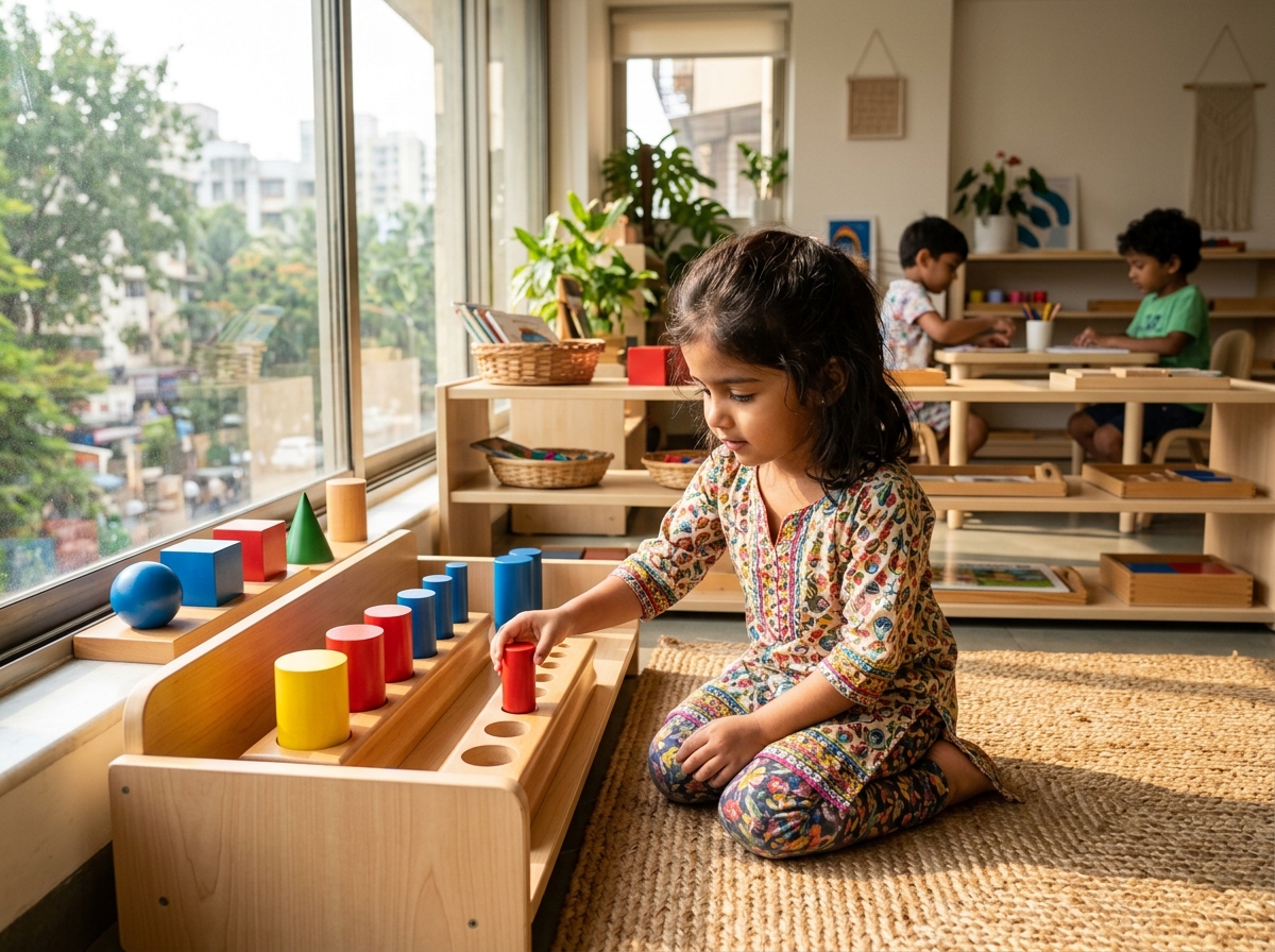 Indian child exploring authentic sensory cylinder blocks on a woven mat
