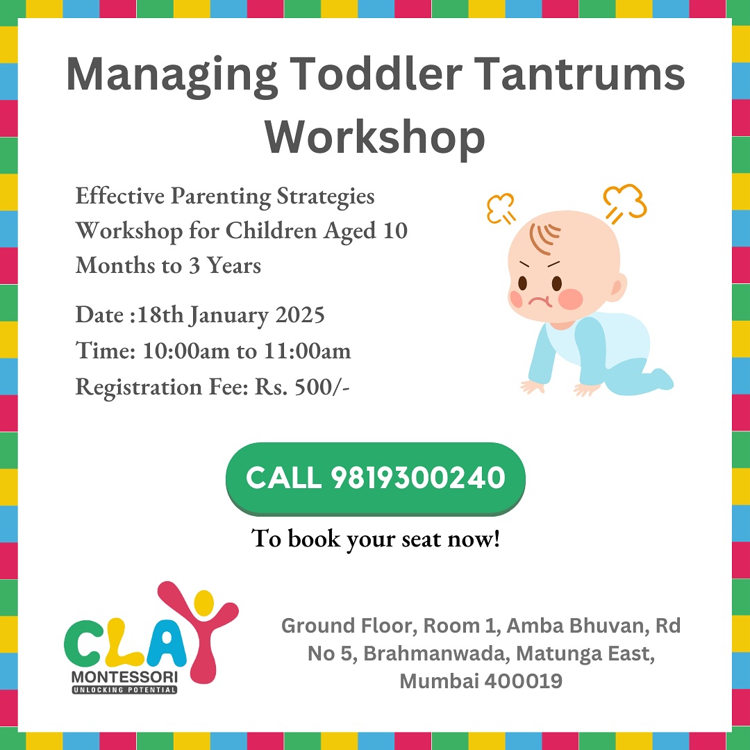 Struggling with toddler tantrums? Learn how to turn meltdowns into moments of connection! 💕

Join our workshop to discover simple strategies for handling tantrums with empathy, setting clear boundaries, and building your child’s emotional resilience. Let’s make parenting a little easier and a lot more joyful!

🗓️ Limited spots available—DM us to save yours!  #claymontessori #montessori #workshop #tantrums #toddlertantrums #workshopinmumbai #preschool #supportingchildren #meltdown #toddlermeltdown #mumbai #sion #wadala #dadar #matunga #sewree #parel #toddlerlife #toddler [workshop, parents workshop, toddler tantrums workshop, toddler meltdown, handling tantrums, handling meltdowns]
