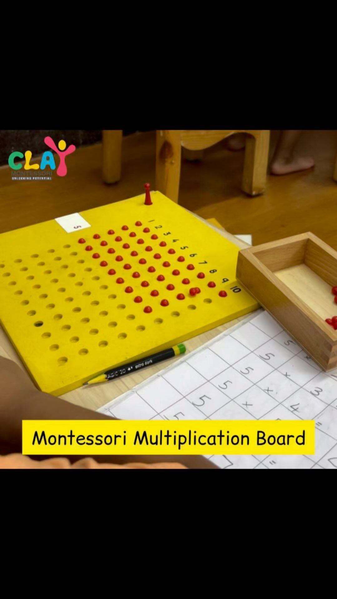 The Montessori multiplication board is special for several reasons:

1.Tactile & Interactive:It provides a hands-on experience, allowing children to physically manipulate the materials, which enhances their engagement and understanding.

2.Concrete Representation:The board uses physical objects (like beads or tiles) to represent mathematical concepts, making multiplication more tangible and easier to grasp for young learners.

3.Multi-sensory:By incorporating sight, touch, and sometimes even auditory senses, the board appeals to different learning styles, ensuring a comprehensive understanding of multiplication.

4.Conceptual Understanding: Instead of rote memorization, the Montessori approach emphasizes conceptual understanding. The multiplication board helps children grasp the underlying principles of multiplication through exploration and experimentation.

5.Control of Error:The materials are designed to provide immediate feedback, allowing children to self-correct their mistakes. This fosters independence and promotes a deeper understanding of mathematical concepts.

Overall, the Montessori multiplication board provides a holistic learning experience that goes beyond traditional methods, nurturing a genuine understanding of multiplication.  #claymontessori #montessori #montessorimath #math #mumbai #matunga #sion #wadala #dadar #preschool
