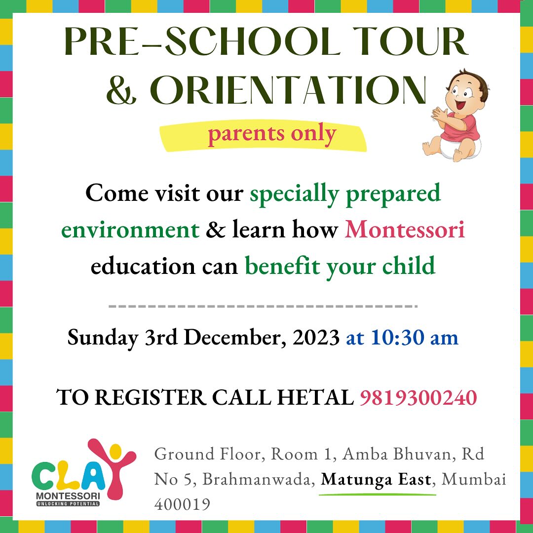Come join us on Sunday 3rd December 2023 for a school tour & orientation.

Time: 10:30am

🎯 𝐖𝐡𝐚𝐭 𝐬𝐡𝐨𝐮𝐥𝐝 𝐩𝐚𝐫𝐞𝐧𝐭𝐬 𝐞𝐱𝐩𝐞𝐜𝐭 𝐟𝐫𝐨𝐦 𝐭𝐡𝐢𝐬 𝐨𝐫𝐢𝐞𝐧𝐭𝐚𝐭𝐢𝐨𝐧?

✅ A brief introduction to Montessori
✅ How Montessori toddlers program works
✅ Benefits of this approach
✅ Answers to your doubts & questions

𝐑𝐨𝐮𝐭𝐢𝐧𝐞𝐬 𝐨𝐟 𝐞𝐯𝐞𝐫𝐲𝐝𝐚𝐲 𝐥𝐢𝐯𝐢𝐧𝐠 𝐚𝐫𝐞 𝐭𝐡𝐞 𝐟𝐨𝐮𝐧𝐝𝐚𝐭𝐢𝐨𝐧 𝐨𝐟 𝐭𝐡𝐞 𝐓𝐨𝐝𝐝𝐥𝐞𝐫 𝐩𝐫𝐨𝐠𝐫𝐚𝐦. Based on daily observations, teachers introduce new materials and activities that pique curiosity and stimulate learning

These learning activities include:

🎯 𝐒𝐞𝐥𝐟-𝐜𝐚𝐫𝐞: washing, dressing, toileting, and eating, according to each child’s individual capacity

🎯 𝐂𝐚𝐫𝐞 𝐨𝐟 𝐭𝐡𝐞 𝐞𝐧𝐯𝐢𝐫𝐨𝐧𝐦𝐞𝐧𝐭: cleaning, food preparation and food service; plant care and more

🎯 𝐋𝐚𝐫𝐠𝐞-𝐦𝐨𝐭𝐨𝐫 𝐚𝐜𝐭𝐢𝐯𝐢𝐭𝐢𝐞𝐬 (indoors and out): walking, climbing, running, jumping, balancing, climbing steps, and more

🎯 𝐅𝐢𝐧𝐞-𝐦𝐨𝐭𝐨𝐫 𝐬𝐤𝐢𝐥𝐥𝐬: reaching, grasping, picking up objects, transferring objects, using tools and utensils, doing art work and more

🎯 𝐋𝐚𝐧𝐠𝐮𝐚𝐠𝐞: naming objects, describing actions and intentions, discussing pictures, conversation, reading books, music, and singing

🎯 𝐒𝐨𝐜𝐢𝐚𝐥 𝐬𝐤𝐢𝐥𝐥𝐬: developing manners through interactions with peers, teachers, and adult-led small group games

🙋 RSVP Hetal @ 𝟗𝟖𝟏𝟗𝟑𝟎𝟎𝟐𝟒𝟎

#claymontessori #montessori #KidsLearning #LearningMadeFun #Preschools #mominfluencer #toddlers #parenting #admissionopen #mumbai #Matunga #Wadala #Sion #Parel #Dadar #playgroup #nursery #kidsofmumbai #learningthroughplay #mumbaimoms #momsofinstagram #juniorkg #seniorkg #indianmombloggers #mombloggersindia #baby