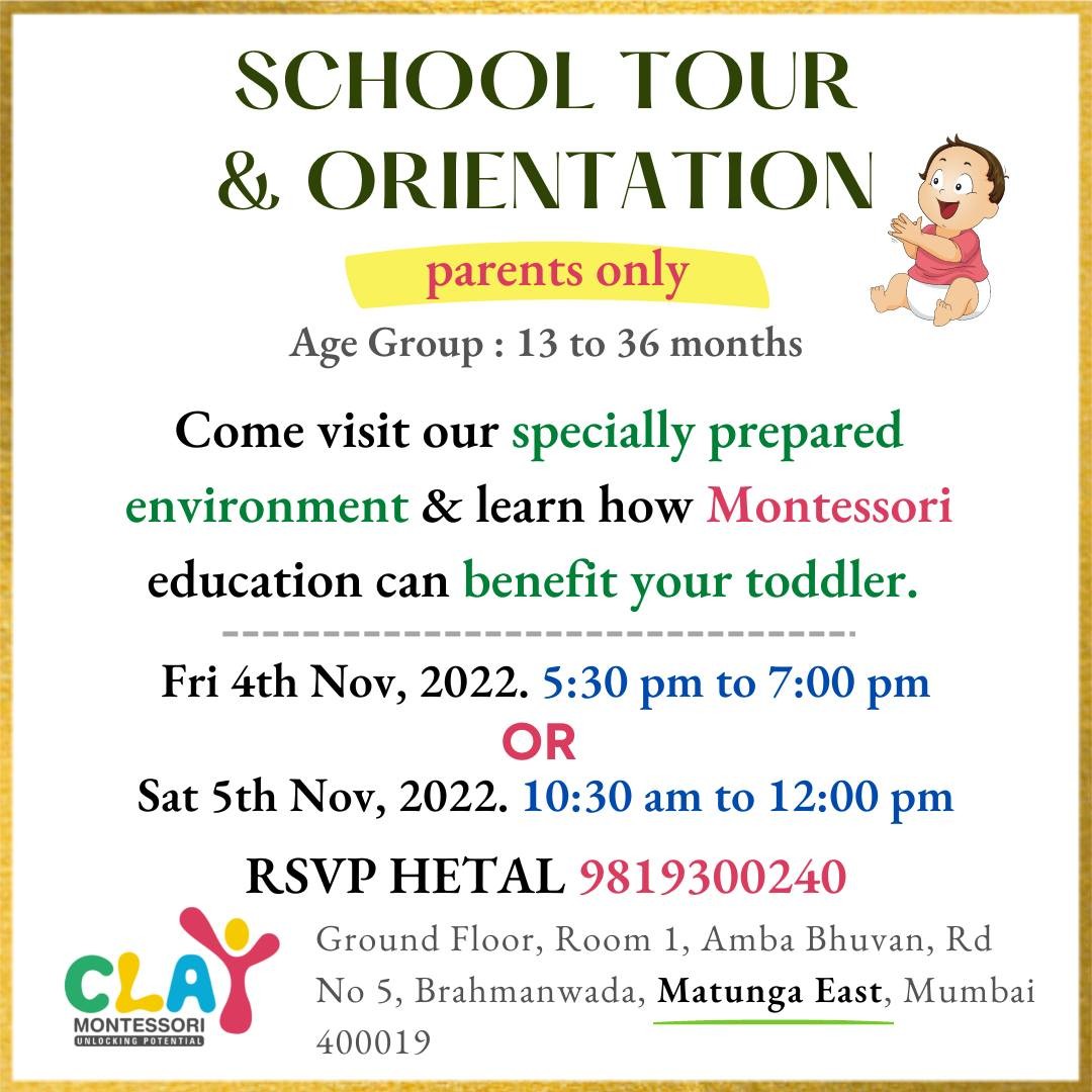 Come join us on for a toddler orientation in Nov, 2022. It's free

Fri 4th Nov, 2022. 5:30 pm to 7:00 pm
OR
Sat 5th Nov, 2022. 10:30 am to 12:00 pm

Children from age around 𝟏𝟑 𝐦𝐨𝐧𝐭𝐡𝐬 𝐭𝐨 𝟑𝟔 𝐦𝐨𝐧𝐭𝐡𝐬 𝐚𝐫𝐞 𝐞𝐥𝐢𝐠𝐢𝐛𝐥𝐞

🎯 𝐖𝐡𝐚𝐭 𝐬𝐡𝐨𝐮𝐥𝐝 𝐩𝐚𝐫𝐞𝐧𝐭𝐬 𝐞𝐱𝐩𝐞𝐜𝐭 𝐟𝐫𝐨𝐦 𝐭𝐡𝐢𝐬 𝐨𝐫𝐢𝐞𝐧𝐭𝐚𝐭𝐢𝐨𝐧?

✅ A brief introduction to Montessori
✅ How Montessori toddlers program works
✅ Benefits of this approach
✅ Answers to your doubts & questions

𝐑𝐨𝐮𝐭𝐢𝐧𝐞𝐬 𝐨𝐟 𝐞𝐯𝐞𝐫𝐲𝐝𝐚𝐲 𝐥𝐢𝐯𝐢𝐧𝐠 𝐚𝐫𝐞 𝐭𝐡𝐞 𝐟𝐨𝐮𝐧𝐝𝐚𝐭𝐢𝐨𝐧 𝐨𝐟 𝐭𝐡𝐞 𝐓𝐨𝐝𝐝𝐥𝐞𝐫 𝐩𝐫𝐨𝐠𝐫𝐚𝐦. Based on daily observations, teachers introduce new materials and activities that pique curiosity and stimulate learning

These learning activities include:

🎯 𝐒𝐞𝐥𝐟-𝐜𝐚𝐫𝐞: washing, dressing, toileting, and eating, according to each child’s individual capacity

🎯 𝐂𝐚𝐫𝐞 𝐨𝐟 𝐭𝐡𝐞 𝐞𝐧𝐯𝐢𝐫𝐨𝐧𝐦𝐞𝐧𝐭: cleaning, food preparation and food service; plant care and more

🎯 𝐋𝐚𝐫𝐠𝐞-𝐦𝐨𝐭𝐨𝐫 𝐚𝐜𝐭𝐢𝐯𝐢𝐭𝐢𝐞𝐬 (indoors and out): walking, climbing, running, jumping, balancing, climbing steps, and more

🎯 𝐅𝐢𝐧𝐞-𝐦𝐨𝐭𝐨𝐫 𝐬𝐤𝐢𝐥𝐥𝐬: reaching, grasping, picking up objects, transferring objects, using tools and utensils, doing art work and more

🎯 𝐋𝐚𝐧𝐠𝐮𝐚𝐠𝐞: naming objects, describing actions and intentions, discussing pictures, conversation, reading books, music, and singing

🎯 𝐒𝐨𝐜𝐢𝐚𝐥 𝐬𝐤𝐢𝐥𝐥𝐬: developing manners through interactions with peers, teachers, and adult-led small group games

🙋 RSVP Hetal @ 𝟗𝟖𝟏𝟗𝟑𝟎𝟎𝟐𝟒𝟎

#montessori #KidsLearning #LearningMadeFun #Preschools #SmartKids #IndependentKids #SmartSchool #FunLearningForKids #mumbai #Matunga #Wadala #Sion #Parel #Dadar #playgroup #nursery #kidsofmumbai #learningthroughplay #mumbaimoms #supermom #homeschool #kingscircle #juniorkg #seniorkg #indianmombloggers #mombloggersindia