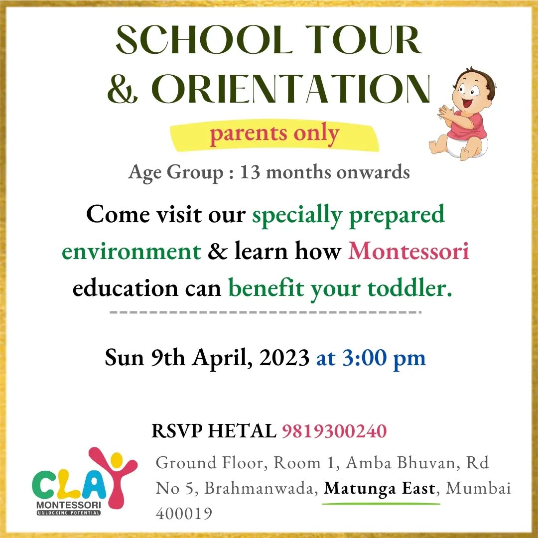 Come join us on  Sunday 9th April 2023 for a toddler orientation. No registration charges.

Time: 3:00 pm

Children from age around 𝟏𝟑 𝐦𝐨𝐧𝐭𝐡𝐬 onwards

🎯 𝐖𝐡𝐚𝐭 𝐬𝐡𝐨𝐮𝐥𝐝 𝐩𝐚𝐫𝐞𝐧𝐭𝐬 𝐞𝐱𝐩𝐞𝐜𝐭 𝐟𝐫𝐨𝐦 𝐭𝐡𝐢𝐬 𝐨𝐫𝐢𝐞𝐧𝐭𝐚𝐭𝐢𝐨𝐧?

✅ A brief introduction to Montessori
✅ How Montessori toddlers program works
✅ Benefits of this approach
✅ Answers to your doubts & questions

𝐑𝐨𝐮𝐭𝐢𝐧𝐞𝐬 𝐨𝐟 𝐞𝐯𝐞𝐫𝐲𝐝𝐚𝐲 𝐥𝐢𝐯𝐢𝐧𝐠 𝐚𝐫𝐞 𝐭𝐡𝐞 𝐟𝐨𝐮𝐧𝐝𝐚𝐭𝐢𝐨𝐧 𝐨𝐟 𝐭𝐡𝐞 𝐓𝐨𝐝𝐝𝐥𝐞𝐫 𝐩𝐫𝐨𝐠𝐫𝐚𝐦. Based on daily observations, teachers introduce new materials and activities that pique curiosity and stimulate learning

These learning activities include:

🎯 𝐒𝐞𝐥𝐟-𝐜𝐚𝐫𝐞: washing, dressing, toileting, and eating, according to each child’s individual capacity

🎯 𝐂𝐚𝐫𝐞 𝐨𝐟 𝐭𝐡𝐞 𝐞𝐧𝐯𝐢𝐫𝐨𝐧𝐦𝐞𝐧𝐭: cleaning, food preparation and food service; plant care and more

🎯 𝐋𝐚𝐫𝐠𝐞-𝐦𝐨𝐭𝐨𝐫 𝐚𝐜𝐭𝐢𝐯𝐢𝐭𝐢𝐞𝐬 (indoors and out): walking, climbing, running, jumping, balancing, climbing steps, and more

🎯 𝐅𝐢𝐧𝐞-𝐦𝐨𝐭𝐨𝐫 𝐬𝐤𝐢𝐥𝐥𝐬: reaching, grasping, picking up objects, transferring objects, using tools and utensils, doing art work and more

🎯 𝐋𝐚𝐧𝐠𝐮𝐚𝐠𝐞: naming objects, describing actions and intentions, discussing pictures, conversation, reading books, music, and singing

🎯 𝐒𝐨𝐜𝐢𝐚𝐥 𝐬𝐤𝐢𝐥𝐥𝐬: developing manners through interactions with peers, teachers, and adult-led small group games

🙋 RSVP Hetal @ 𝟗𝟖𝟏𝟗𝟑𝟎𝟎𝟐𝟒𝟎

#montessori #preschools #montessorimatunga #LearningMadeFun #admissionopen #mominfluencer #IndependentKids #parenting #FunLearningForKids #mumbai #Matunga #Wadala #Sion #Parel #Dadar #playgroup #nursery #kidsofmumbai #learningthroughplay #mumbaimoms #supermom #homeschool #kingscircle #juniorkg #seniorkg #indianmombloggers #mombloggersindia