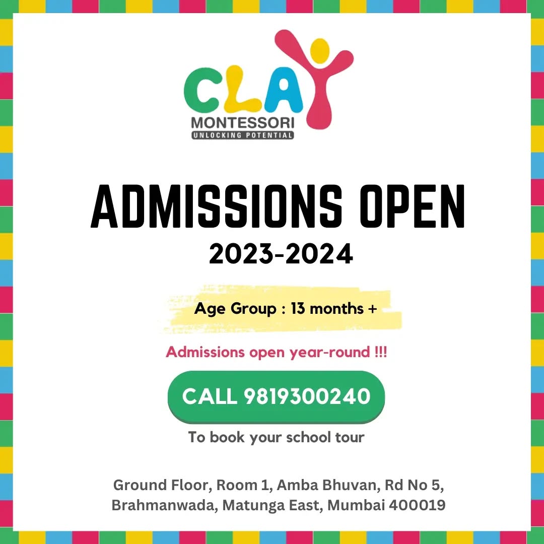 Unleash your child's potential and give them the gift of a lifetime! Admissions now open for 2023-2024 for both toddler and primary programs. Join us any time of the year and experience the benefits of hands-on learning, personalized attention and a love for discovery. Enroll now and watch your little one flourish all year round! 🌱🎓

Our Montessori program caters to

✅ Supports individualized learning and growth
✅ Enhances language development through language-rich environment
✅ Encourages independence and self-motivation
✅ Develops critical thinking and problem-solving skills
✅ Fosters respect for self, others and the environment
✅ Offers hands-on, sensory-based learning experiences
✅ Develops social skills through collaboration and communication
✅ Teaches practical math skills through real-life experiences
✅ Fosters independence in toilet learning
✅ Educates parents via workshops & children progress reports
✅ Prepares children for future academic success

#admissionopen #admission #mumbai #preschools #playgroup #playschool #bestpreschool #bestpreschoolmumbai #mumbaimoms #momblogger #mominfluencer #mumbaimomblogger #mumbaimominfluencer#toddlersofmumbai#earlyyearseducation #montessorimumbai #montessori #Matunga #sion #Wadala #Dadar #sewree #parel #parenting #dadsofinstagram #momsofinstagram