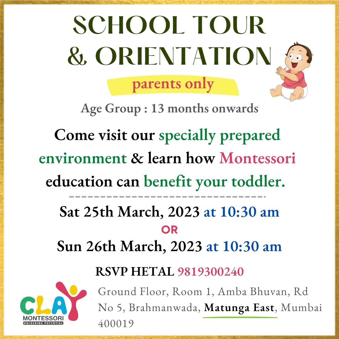 Come join us on Saturday 25th March, 2023 OR Sunday 26th Feb 2023 for a toddler orientation. It's free

Time: 10:30 am

Children from age around 𝟏𝟑 𝐦𝐨𝐧𝐭𝐡𝐬 onwards

🎯 𝐖𝐡𝐚𝐭 𝐬𝐡𝐨𝐮𝐥𝐝 𝐩𝐚𝐫𝐞𝐧𝐭𝐬 𝐞𝐱𝐩𝐞𝐜𝐭 𝐟𝐫𝐨𝐦 𝐭𝐡𝐢𝐬 𝐨𝐫𝐢𝐞𝐧𝐭𝐚𝐭𝐢𝐨𝐧?

✅ A brief introduction to Montessori
✅ How Montessori toddlers program works
✅ Benefits of this approach
✅ Answers to your doubts & questions

𝐑𝐨𝐮𝐭𝐢𝐧𝐞𝐬 𝐨𝐟 𝐞𝐯𝐞𝐫𝐲𝐝𝐚𝐲 𝐥𝐢𝐯𝐢𝐧𝐠 𝐚𝐫𝐞 𝐭𝐡𝐞 𝐟𝐨𝐮𝐧𝐝𝐚𝐭𝐢𝐨𝐧 𝐨𝐟 𝐭𝐡𝐞 𝐓𝐨𝐝𝐝𝐥𝐞𝐫 𝐩𝐫𝐨𝐠𝐫𝐚𝐦. Based on daily observations, teachers introduce new materials and activities that pique curiosity and stimulate learning

These learning activities include:

🎯 𝐒𝐞𝐥𝐟-𝐜𝐚𝐫𝐞: washing, dressing, toileting, and eating, according to each child’s individual capacity

🎯 𝐂𝐚𝐫𝐞 𝐨𝐟 𝐭𝐡𝐞 𝐞𝐧𝐯𝐢𝐫𝐨𝐧𝐦𝐞𝐧𝐭: cleaning, food preparation and food service; plant care and more

🎯 𝐋𝐚𝐫𝐠𝐞-𝐦𝐨𝐭𝐨𝐫 𝐚𝐜𝐭𝐢𝐯𝐢𝐭𝐢𝐞𝐬 (indoors and out): walking, climbing, running, jumping, balancing, climbing steps, and more

🎯 𝐅𝐢𝐧𝐞-𝐦𝐨𝐭𝐨𝐫 𝐬𝐤𝐢𝐥𝐥𝐬: reaching, grasping, picking up objects, transferring objects, using tools and utensils, doing art work and more

🎯 𝐋𝐚𝐧𝐠𝐮𝐚𝐠𝐞: naming objects, describing actions and intentions, discussing pictures, conversation, reading books, music, and singing

🎯 𝐒𝐨𝐜𝐢𝐚𝐥 𝐬𝐤𝐢𝐥𝐥𝐬: developing manners through interactions with peers, teachers, and adult-led small group games

🙋 RSVP Hetal @ 𝟗𝟖𝟏𝟗𝟑𝟎𝟎𝟐𝟒𝟎

#montessori #KidsLearning #LearningMadeFun #Preschool #mominfluencer #IndependentKids #parenting #FunLearningForKids #mumbai #Matunga #Wadala #Sion #Parel #Dadar #playgroup #nursery #kidsofmumbai #learningthroughplay #mumbaimoms #supermom #mumbaimominfluencer #kingscircle #juniorkg #seniorkg #indianmombloggers #mombloggersindia #admissionopen
