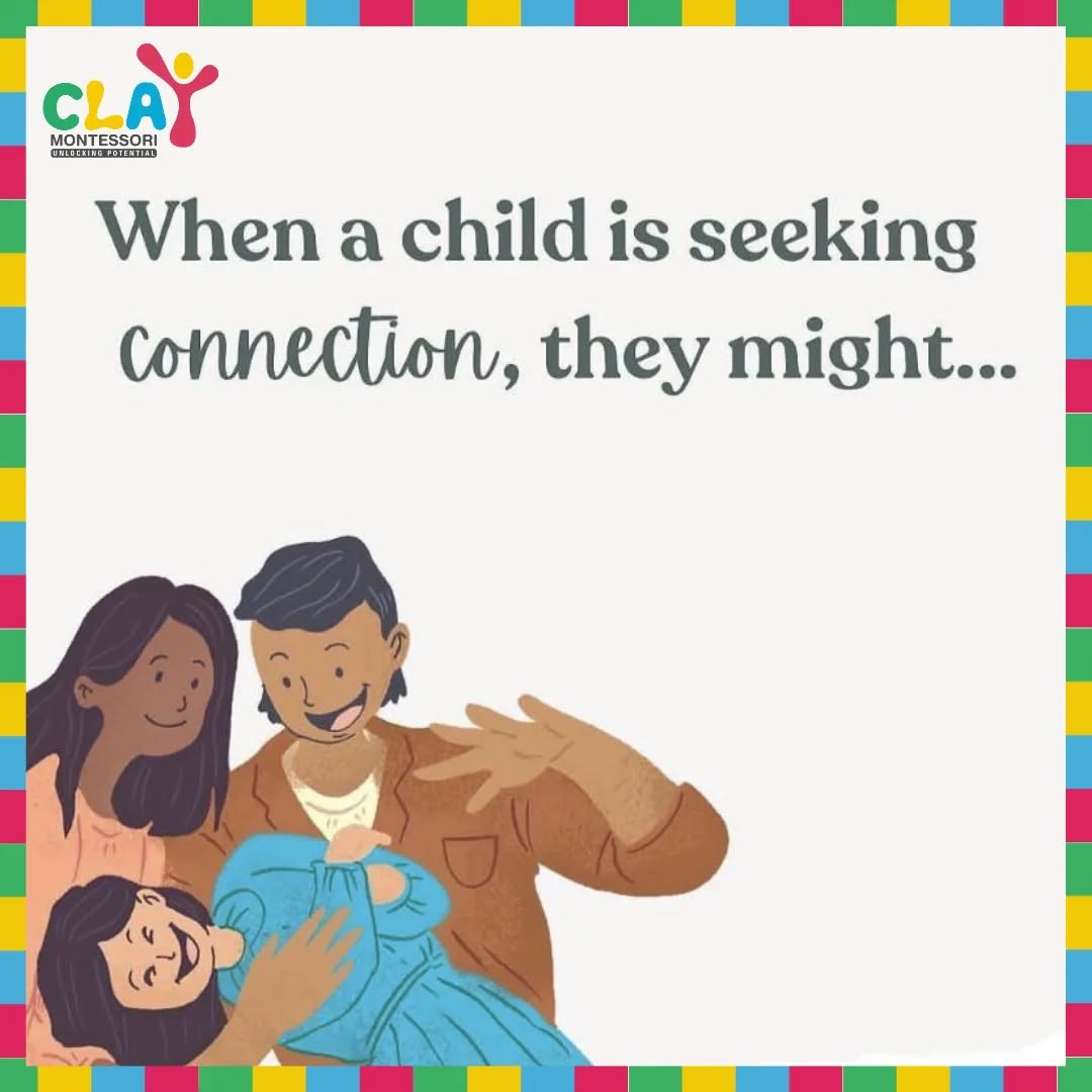 Did you know that seeking attention is often a child's way of saying, 'Hey, let's connect'? 🤝 Those adorable antics and those 'look at me' moments are their unique language of longing to be seen and heard.

When a behavior hints at seeking attention, it's actually a tiny flag waving, 'Notice me, I'm here!' 🚩 As caregivers, we're their guiding stars, and our response can light up their universe. It's about acknowledging those signals, showing we're there, and opening up pathways to express their yearning for connection.

But here's the beautiful twist - it's not just about stopping what we don't want; it's about sparking what we do. Like a gentle breeze guiding a ship, we can steer them towards wholesome ways to connect. The parent can say " Instead of throwing your toy, you can say Mama,play "

Connection isn't about a 24/7 spotlight; it's about those exquisite snapshots of bonding. The smile when they tidy up, the high-five for lending a hand - these are the golden droplets that fill their heart's reservoir. It's a symphony of little gestures that whisper, 'You're seen, you're valued.'

🌼 Tune in to your child's connection signals. What tickles their heartstrings? What makes them glow? It's a treasure map to their joy. Building that bridge of connection means weaving these moments into their days, weaving love and understanding into their world. 💛
#claymontessori #positiveparenting #montessori #preschools #admissionopen #toddlers #earlychildhoodeducation #mumbai #Matunga #sion #dadar #Wadala #mumbaimom