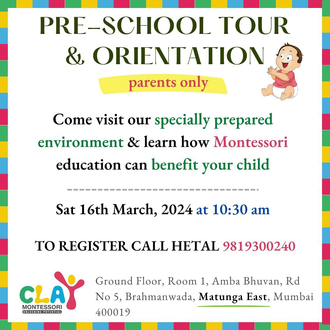 Come join us on Saturday, 16th March 2024 for a toddler orientation and school tour.

Time: 10:30am

🎯 𝐖𝐡𝐚𝐭 𝐬𝐡𝐨𝐮𝐥𝐝 𝐩𝐚𝐫𝐞𝐧𝐭𝐬 𝐞𝐱𝐩𝐞𝐜𝐭 𝐟𝐫𝐨𝐦 𝐭𝐡𝐢𝐬 𝐨𝐫𝐢𝐞𝐧𝐭𝐚𝐭𝐢𝐨𝐧?

✅ A brief introduction to Montessori
✅ How Montessori toddlers program works
✅ Benefits of this approach
✅ Answers to your doubts & questions

𝐑𝐨𝐮𝐭𝐢𝐧𝐞𝐬 𝐨𝐟 𝐞𝐯𝐞𝐫𝐲𝐝𝐚𝐲 𝐥𝐢𝐯𝐢𝐧𝐠 𝐚𝐫𝐞 𝐭𝐡𝐞 𝐟𝐨𝐮𝐧𝐝𝐚𝐭𝐢𝐨𝐧 𝐨𝐟 𝐭𝐡𝐞 𝐓𝐨𝐝𝐝𝐥𝐞𝐫 𝐩𝐫𝐨𝐠𝐫𝐚𝐦. Based on daily observations, teachers introduce new materials and activities that pique curiosity and stimulate learning

These learning activities include:

🎯 𝐒𝐞𝐥𝐟-𝐜𝐚𝐫𝐞: washing, dressing, toileting, and eating, according to each child’s individual capacity

🎯 𝐂𝐚𝐫𝐞 𝐨𝐟 𝐭𝐡𝐞 𝐞𝐧𝐯𝐢𝐫𝐨𝐧𝐦𝐞𝐧𝐭: cleaning, food preparation and food service; plant care and more

🎯 𝐋𝐚𝐫𝐠𝐞-𝐦𝐨𝐭𝐨𝐫 𝐚𝐜𝐭𝐢𝐯𝐢𝐭𝐢𝐞𝐬 (indoors and out): walking, climbing, running, jumping, balancing, climbing steps, and more

🎯 𝐅𝐢𝐧𝐞-𝐦𝐨𝐭𝐨𝐫 𝐬𝐤𝐢𝐥𝐥𝐬: reaching, grasping, picking up objects, transferring objects, using tools and utensils, doing art work and more

🎯 𝐋𝐚𝐧𝐠𝐮𝐚𝐠𝐞: naming objects, describing actions and intentions, discussing pictures, conversation, reading books, music, and singing

🎯 𝐒𝐨𝐜𝐢𝐚𝐥 𝐬𝐤𝐢𝐥𝐥𝐬: developing manners through interactions with peers, teachers, and adult-led small group games

🙋 RSVP Hetal @ 𝟗𝟖𝟏𝟗𝟑𝟎𝟎𝟐𝟒𝟎

#montessori #KidsLearning #LearningMadeFun #Preschools #SmartKids #IndependentKids #SmartSchool #FunLearningForKids #mumbai #Matunga #Wadala #Sion #Parel #Dadar #playgroup #nursery #kidsofmumbai #learningthroughplay #mumbaimoms #supermom #homeschool #kingscircle #juniorkg #seniorkg #indianmombloggers #mombloggersindia