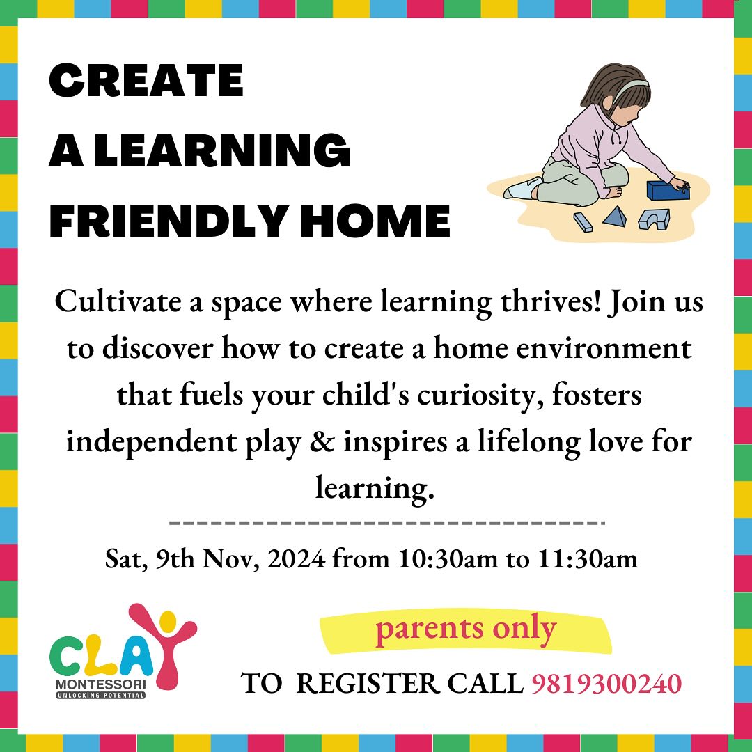 Cultivate a space where learning thrives! Join us to discover how to create a home environment that fuels your child’s curiosity, fosters independent play & inspires a lifelong love for learning.

In this workshop, you’ll learn:

✅ Ensure a safe, cosy home for your child!
✅ Make the most of your home’s space for their play and learning.
✅ Establish a routine that makes your child feel secure and independent.
✅ Choose just-right toys for their age and development.
✅ Encourage them to play and explore on their own!
✅ Learn ways to help your child focus and concentrate better.

Unlock your child’s potential at home! Reserve your spot today and embark on a journey to transform your home into a hub of exploration and learning

To register, call Hetal @ 𝟗𝟖𝟏𝟗𝟑𝟎𝟎𝟐𝟒𝟎 🙋

#montessori #admissionopen #KidsLearning #LearningMadeFun #Preschools #preparedevnironment #IndependentKids #SmartSchool #FunLearningForKids #mumbai #Matunga #agerelatedtoys #toddler #babies #mumbaipreschool #playgroup #nursery #kidsofmumbai #dadar #sion #mumbaimoms #supermom #homeschool #kingscircle #preschool #indianmombloggers #mombloggersindia #mombloggersindia. [safe space for toddlers, preparing home environment, creating a learning environment, creating a toddler friendly home]