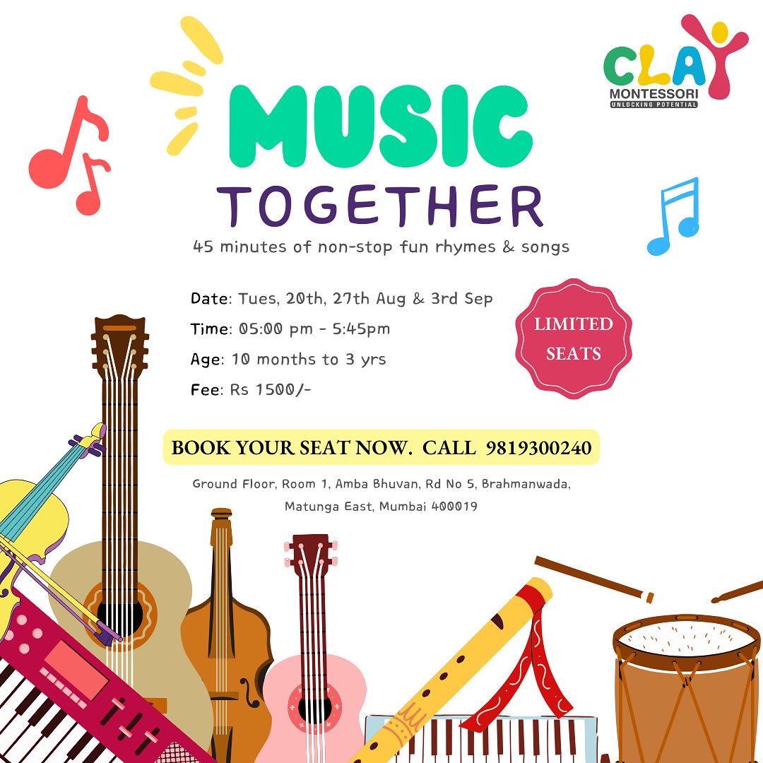 🎶 Join us for 45 minutes of non-stop fun with rhymes and songs for children aged 10 months to 3 years, along with their parents! 🎶

📅 Date: August 20, 27 and September 3, 2024
⏰ Time: 5:00 PM

Hurry, only a few seats left! Book now for a musical adventure! 🎵👶🎤

#MusicTogether #ToddlerTunes #FamilyFun #EarlyChildhoodMusic #claymontessori #musicfortoddlers #musicalbondingwithtoddlers #music #rhymes #nurseryrhymes #musicfortoddlers #mumbai #matunga #dadar #wadala #sion #parel #mothertoddler #parenttoddler