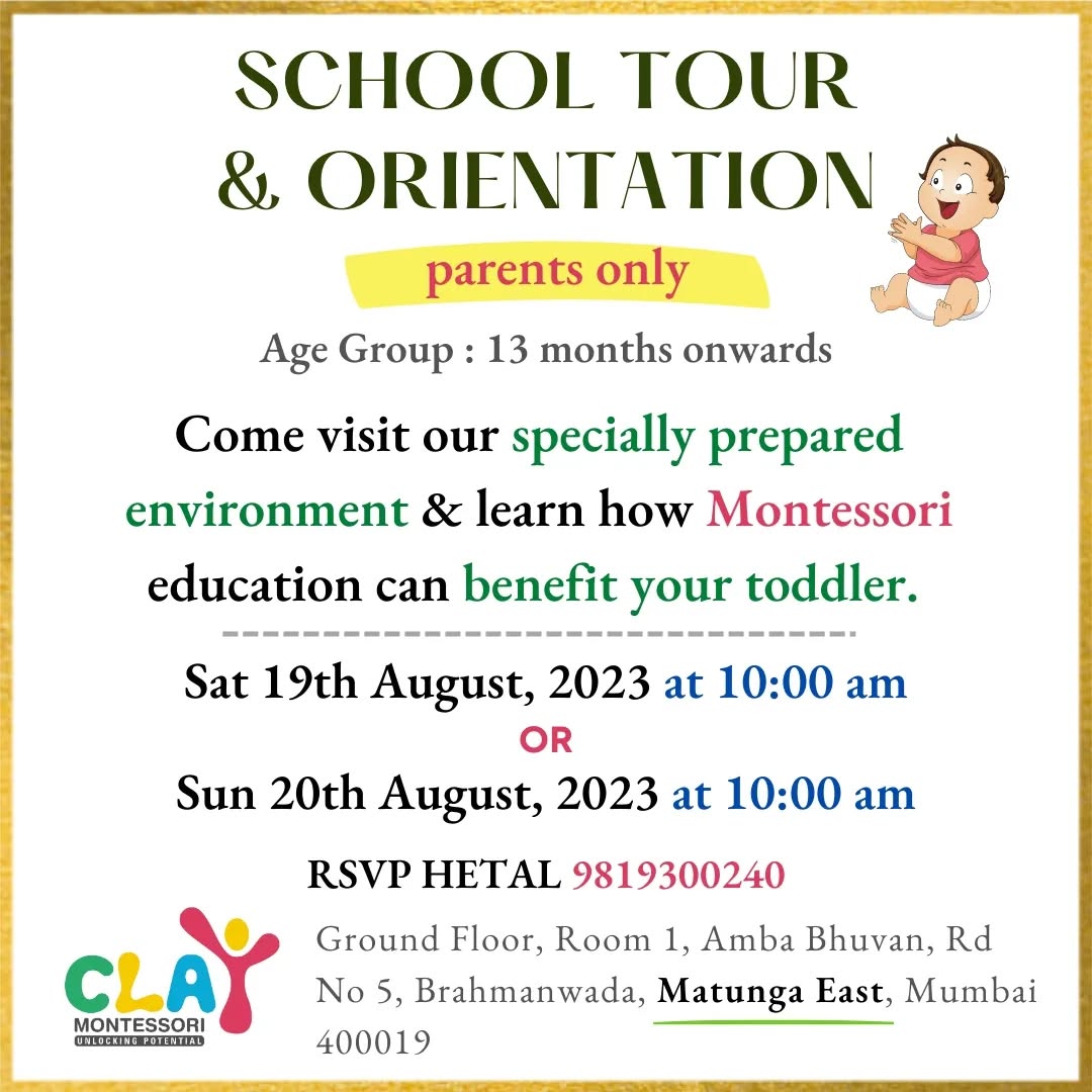 Come join us on Saturday 19th August 2023 OR Sunday 20th August 2023 for a toddler orientation. 

Time: 10:00 am

Children from age around 𝟏𝟑 𝐦𝐨𝐧𝐭𝐡𝐬 and above

🎯 𝐖𝐡𝐚𝐭 𝐬𝐡𝐨𝐮𝐥𝐝 𝐩𝐚𝐫𝐞𝐧𝐭𝐬 𝐞𝐱𝐩𝐞𝐜𝐭 𝐟𝐫𝐨𝐦 𝐭𝐡𝐢𝐬 𝐨𝐫𝐢𝐞𝐧𝐭𝐚𝐭𝐢𝐨𝐧?

✅ A brief introduction to Montessori
✅ How Montessori toddlers program works
✅ Benefits of this approach
✅ Answers to your doubts & questions

𝐑𝐨𝐮𝐭𝐢𝐧𝐞𝐬 𝐨𝐟 𝐞𝐯𝐞𝐫𝐲𝐝𝐚𝐲 𝐥𝐢𝐯𝐢𝐧𝐠 𝐚𝐫𝐞 𝐭𝐡𝐞 𝐟𝐨𝐮𝐧𝐝𝐚𝐭𝐢𝐨𝐧 𝐨𝐟 𝐭𝐡𝐞 𝐓𝐨𝐝𝐝𝐥𝐞𝐫 𝐩𝐫𝐨𝐠𝐫𝐚𝐦. Based on daily observations, teachers introduce new materials and activities that pique curiosity and stimulate learning

These learning activities include:

🎯 𝐒𝐞𝐥𝐟-𝐜𝐚𝐫𝐞: washing, dressing, toileting, and eating, according to each child’s individual capacity

🎯 𝐂𝐚𝐫𝐞 𝐨𝐟 𝐭𝐡𝐞 𝐞𝐧𝐯𝐢𝐫𝐨𝐧𝐦𝐞𝐧𝐭: cleaning, food preparation and food service; plant care and more

🎯 𝐋𝐚𝐫𝐠𝐞-𝐦𝐨𝐭𝐨𝐫 𝐚𝐜𝐭𝐢𝐯𝐢𝐭𝐢𝐞𝐬 (indoors and out): walking, climbing, running, jumping, balancing, climbing steps, and more

🎯 𝐅𝐢𝐧𝐞-𝐦𝐨𝐭𝐨𝐫 𝐬𝐤𝐢𝐥𝐥𝐬: reaching, grasping, picking up objects, transferring objects, using tools and utensils, doing art work and more

🎯 𝐋𝐚𝐧𝐠𝐮𝐚𝐠𝐞: naming objects, describing actions and intentions, discussing pictures, conversation, reading books, music, and singing

🎯 𝐒𝐨𝐜𝐢𝐚𝐥 𝐬𝐤𝐢𝐥𝐥𝐬: developing manners through interactions with peers, teachers, and adult-led small group games

🙋 RSVP Hetal @ 𝟗𝟖𝟏𝟗𝟑𝟎𝟎𝟐𝟒𝟎

#claymontessori #montessori #KidsLearning #LearningMadeFun #Preschools #mominfluencer #toddlers #parenting #admissionopen #mumbai #Matunga #Wadala #Sion #Parel #Dadar #playgroup #nursery #kidsofmumbai #learningthroughplay #mumbaimoms #momsofinstagram #juniorkg #seniorkg #indianmombloggers #mombloggersindia #baby