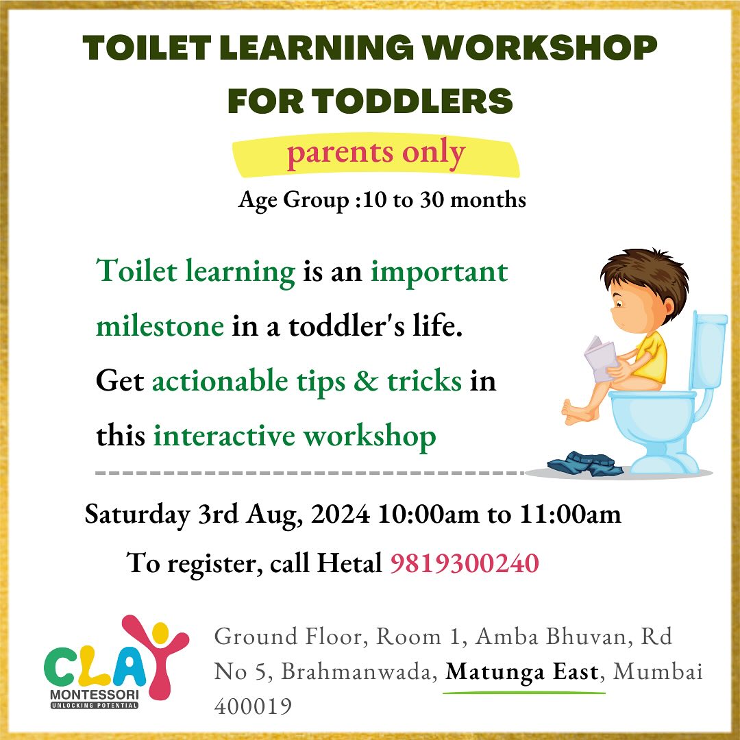 Toilet learning workshop @ Clay Montessori

Saturday, 3rd Aug, 2024. Time: 10:00am to 11:00am

Ideal for parents with children between 10 to 30 months of age.

This workshop starts from the basics & provides implementation tips.

In this workshop, you’ll learn:

✅ The philosophy behind toilet learning
✅ Know when your child is ready to learn
✅ How to prepare yourself, your child and the environment
✅ Choosing the right clothes
✅ Role of the adult
✅ How to adjust the daily routine
✅ Ways to make your child aware of their body & hygiene
✅ Respectful & effective communication around toileting
✅ Ways to deal with accidents & regression
✅ How to approach sleep & naps while toilet learning
✅ Know when your child has learnt the skill

For payment details & RSVP, call Hetal @ 𝟗𝟖𝟏𝟗𝟑𝟎𝟎𝟐𝟒𝟎 🙋

#claymontessori #montessori #diaperfree #clothdiapers #toiletlearning #Preschools #toilettraining #IndependentKids # #mumbai #Matunga #Wadala #Sion #Parel #Dadar #playgroup #nursery #kidsofmumbai #learningthroughplay #mumbaimoms #momsofmumbai #mumbaimom #indianmombloggers #mombloggersindia