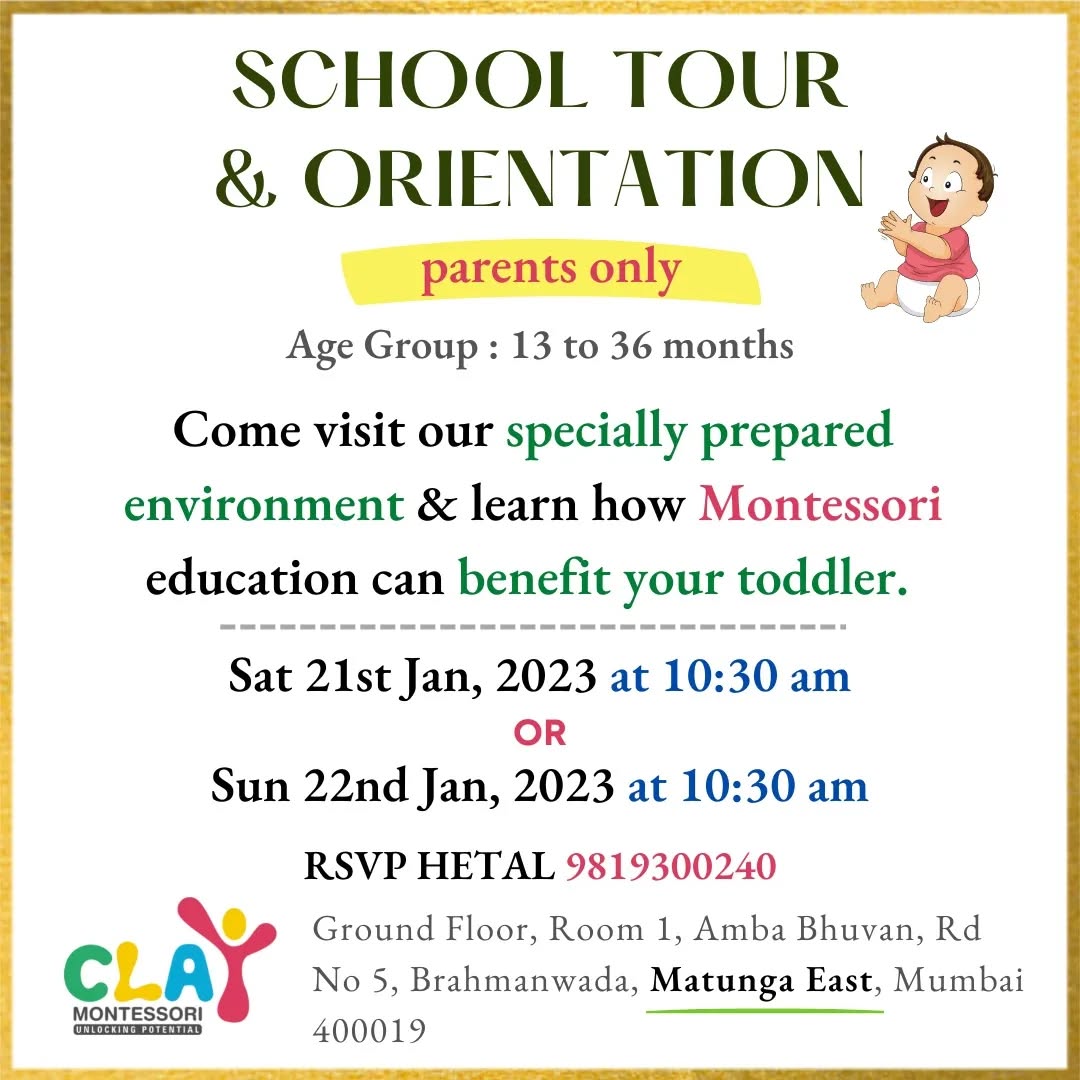 Come join us on Saturday 21st Jan 2023 OR Sunday 22nd Jan 2023 for a toddler orientation. It's free

Time: 10:30 am

Children from age around 𝟏𝟑 𝐦𝐨𝐧𝐭𝐡𝐬 𝐭𝐨 𝟑𝟔 𝐦𝐨𝐧𝐭𝐡𝐬 𝐚𝐫𝐞 𝐞𝐥𝐢𝐠𝐢𝐛𝐥𝐞

🎯 𝐖𝐡𝐚𝐭 𝐬𝐡𝐨𝐮𝐥𝐝 𝐩𝐚𝐫𝐞𝐧𝐭𝐬 𝐞𝐱𝐩𝐞𝐜𝐭 𝐟𝐫𝐨𝐦 𝐭𝐡𝐢𝐬 𝐨𝐫𝐢𝐞𝐧𝐭𝐚𝐭𝐢𝐨𝐧?

✅ A brief introduction to Montessori
✅ How Montessori toddlers program works
✅ Benefits of this approach
✅ Answers to your doubts & questions

𝐑𝐨𝐮𝐭𝐢𝐧𝐞𝐬 𝐨𝐟 𝐞𝐯𝐞𝐫𝐲𝐝𝐚𝐲 𝐥𝐢𝐯𝐢𝐧𝐠 𝐚𝐫𝐞 𝐭𝐡𝐞 𝐟𝐨𝐮𝐧𝐝𝐚𝐭𝐢𝐨𝐧 𝐨𝐟 𝐭𝐡𝐞 𝐓𝐨𝐝𝐝𝐥𝐞𝐫 𝐩𝐫𝐨𝐠𝐫𝐚𝐦. Based on daily observations, teachers introduce new materials and activities that pique curiosity and stimulate learning

These learning activities include:

🎯 𝐒𝐞𝐥𝐟-𝐜𝐚𝐫𝐞: washing, dressing, toileting, and eating, according to each child’s individual capacity

🎯 𝐂𝐚𝐫𝐞 𝐨𝐟 𝐭𝐡𝐞 𝐞𝐧𝐯𝐢𝐫𝐨𝐧𝐦𝐞𝐧𝐭: cleaning, food preparation and food service; plant care and more

🎯 𝐋𝐚𝐫𝐠𝐞-𝐦𝐨𝐭𝐨𝐫 𝐚𝐜𝐭𝐢𝐯𝐢𝐭𝐢𝐞𝐬 (indoors and out): walking, climbing, running, jumping, balancing, climbing steps, and more

🎯 𝐅𝐢𝐧𝐞-𝐦𝐨𝐭𝐨𝐫 𝐬𝐤𝐢𝐥𝐥𝐬: reaching, grasping, picking up objects, transferring objects, using tools and utensils, doing art work and more

🎯 𝐋𝐚𝐧𝐠𝐮𝐚𝐠𝐞: naming objects, describing actions and intentions, discussing pictures, conversation, reading books, music, and singing

🎯 𝐒𝐨𝐜𝐢𝐚𝐥 𝐬𝐤𝐢𝐥𝐥𝐬: developing manners through interactions with peers, teachers, and adult-led small group games

🙋 RSVP Hetal @ 𝟗𝟖𝟏𝟗𝟑𝟎𝟎𝟐𝟒𝟎

#montessori #KidsLearning #LearningMadeFun #Preschools #mominfluencer #IndependentKids #parenting #FunLearningForKids #mumbai #Matunga #Wadala #Sion #Parel #Dadar #playgroup #nursery #kidsofmumbai #learningthroughplay #mumbaimoms #supermom #homeschool #kingscircle #juniorkg #seniorkg #indianmombloggers #mombloggersindia