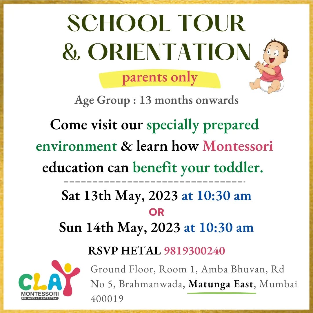 Come join us on Saturday 13th May 2023 OR Sunday 14th May 2023 for a toddler orientation. It's free

Time: 10:30 am

Children from age around 𝟏𝟑 𝐦𝐨𝐧𝐭𝐡𝐬 onwards are eligible 

🎯 𝐖𝐡𝐚𝐭 𝐬𝐡𝐨𝐮𝐥𝐝 𝐩𝐚𝐫𝐞𝐧𝐭𝐬 𝐞𝐱𝐩𝐞𝐜𝐭 𝐟𝐫𝐨𝐦 𝐭𝐡𝐢𝐬 𝐨𝐫𝐢𝐞𝐧𝐭𝐚𝐭𝐢𝐨𝐧?

✅ A brief introduction to Montessori
✅ How Montessori toddlers program works
✅ Benefits of this approach
✅ Answers to your doubts & questions

𝐑𝐨𝐮𝐭𝐢𝐧𝐞𝐬 𝐨𝐟 𝐞𝐯𝐞𝐫𝐲𝐝𝐚𝐲 𝐥𝐢𝐯𝐢𝐧𝐠 𝐚𝐫𝐞 𝐭𝐡𝐞 𝐟𝐨𝐮𝐧𝐝𝐚𝐭𝐢𝐨𝐧 𝐨𝐟 𝐭𝐡𝐞 𝐓𝐨𝐝𝐝𝐥𝐞𝐫 𝐩𝐫𝐨𝐠𝐫𝐚𝐦. Based on daily observations, teachers introduce new materials and activities that pique curiosity and stimulate learning

These learning activities include:

🎯 𝐒𝐞𝐥𝐟-𝐜𝐚𝐫𝐞: washing, dressing, toileting, and eating, according to each child’s individual capacity

🎯 𝐂𝐚𝐫𝐞 𝐨𝐟 𝐭𝐡𝐞 𝐞𝐧𝐯𝐢𝐫𝐨𝐧𝐦𝐞𝐧𝐭: cleaning, food preparation and food service; plant care and more

🎯 𝐋𝐚𝐫𝐠𝐞-𝐦𝐨𝐭𝐨𝐫 𝐚𝐜𝐭𝐢𝐯𝐢𝐭𝐢𝐞𝐬 (indoors and out): walking, climbing, running, jumping, balancing, climbing steps, and more

🎯 𝐅𝐢𝐧𝐞-𝐦𝐨𝐭𝐨𝐫 𝐬𝐤𝐢𝐥𝐥𝐬: reaching, grasping, picking up objects, transferring objects, using tools and utensils, doing art work and more

🎯 𝐋𝐚𝐧𝐠𝐮𝐚𝐠𝐞: naming objects, describing actions and intentions, discussing pictures, conversation, reading books, music, and singing

🎯 𝐒𝐨𝐜𝐢𝐚𝐥 𝐬𝐤𝐢𝐥𝐥𝐬: developing manners through interactions with peers, teachers, and adult-led small group games

🙋 RSVP Hetal @ 𝟗𝟖𝟏𝟗𝟑𝟎𝟎𝟐𝟒𝟎

#claymontessori #montessori #KidsLearning #LearningMadeFun #Preschools #mominfluencer #IndependentKids #parenting #motherhood #mumbai #Matunga #Wadala #Sion #Parel #Dadar #playgroup #nursery #kidsofmumbai #learningthroughplay #mumbaimoms #supermom #momsofinstagram #kingscircle #juniorkg #seniorkg #indianmombloggers #mombloggersindia #mumbaipreschool #admissionopen